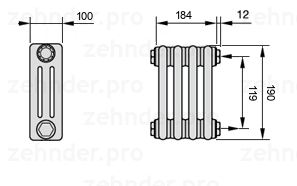 Схема (чертеж) Радиатор Zehnder Charleston 3019/4 №7610 Белый глянцевый RAL 9016